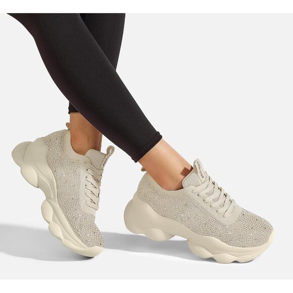 Lucky Step Women's Beige Rhinestone Sneaker Chunky Sparkly Bling Mesh Slip on - Picture 2 of 9